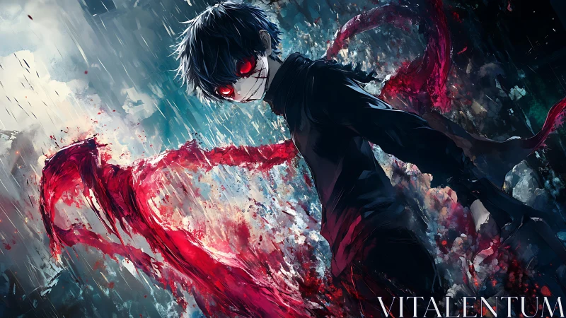 Scarlet stormbinder with red eyes carving chaos in rain.