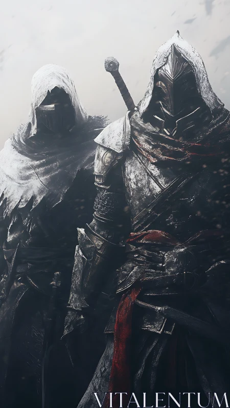 Heavily weathered armored assassins stand in diffuse arctic haze