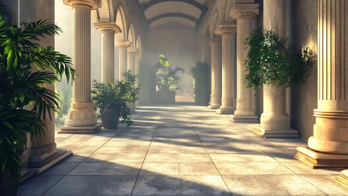 Sunlit classical colonnade frames lush Mediterranean plants