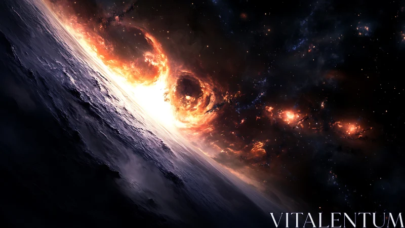 Digital cosmic horizon with fiery nebula collision panorama.
