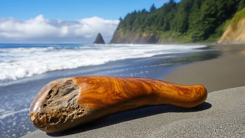 Polished driftwood log on wet Pacific shoreline under clear sky