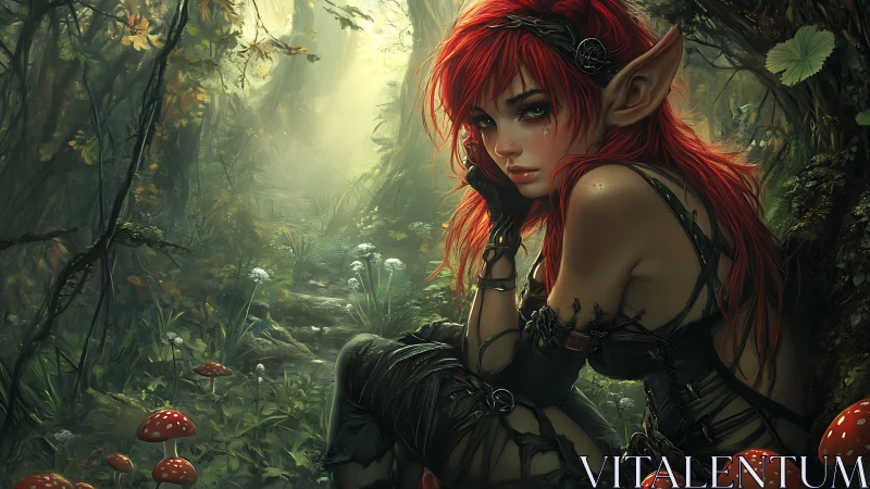 Red haired forest elf seated among fly agaric mushrooms