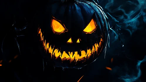 Fiery jack o lantern glows against deep smoky darkness