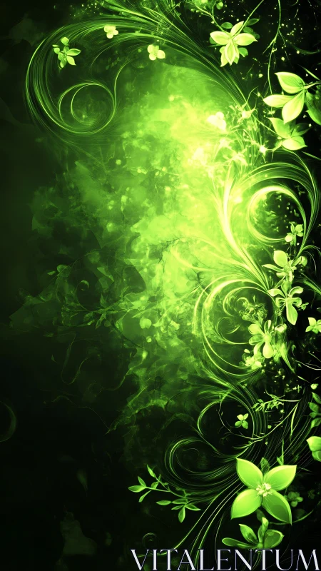 Luminous green floral currents swirl through abstract space.