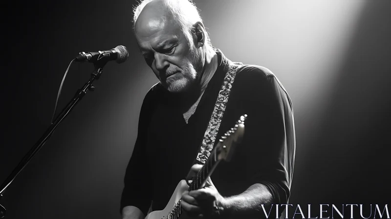 Elderly guitarist performs under dramatic stage spotlight.