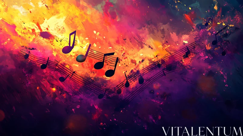 Musical notation silhouettes traverse multicolored abstract field