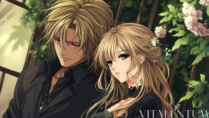 Two Elegant Characters in Garden Romance Scene.