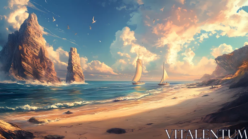 Sunlit sails drift beneath towering coastal daydreams.