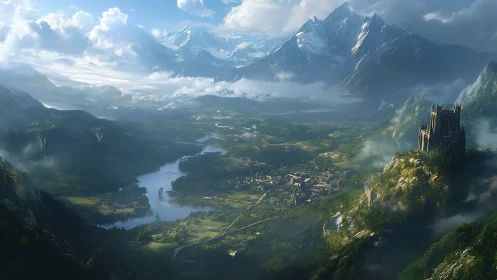 Sweeping alpine fantasy valley with fortified cliffside citadel and river