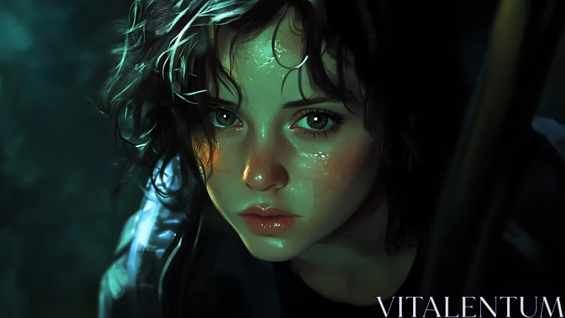 Cinematic close-up of wet-faced woman in moody teal lighting