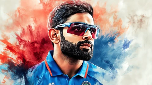 Dynamic cricket portrait amid bold tricolor paint swirls.