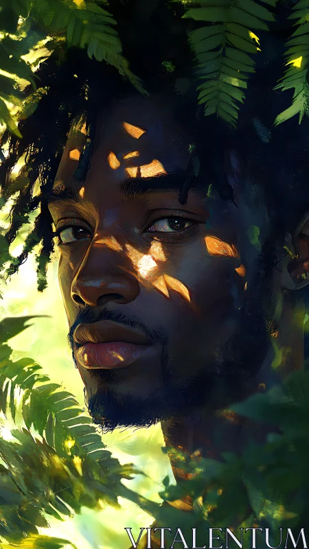 Male portrait framed by foliage and dappled sunlight.