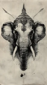 Regal ink illustration of an adorned elephant head.