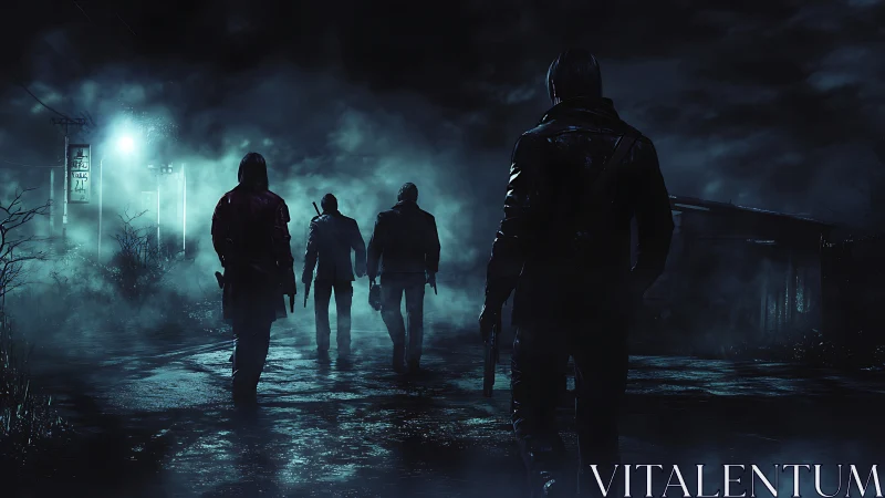 Armed survivors advance through a fog-drenched night road