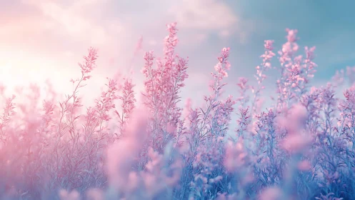 Soft pastel wildflowers under diffused sunrise sky glow