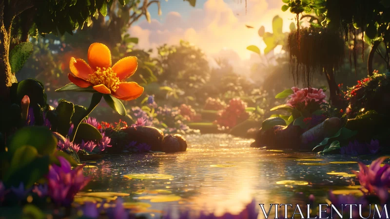 Sunlit lily lagoon where glowing petals greet the day.