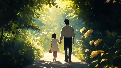 Sunlit garden path with parent and child in warm foliage glow.