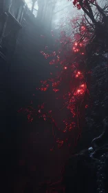 Luminous crimson vines in foggy gothic stone chasm at dusk.