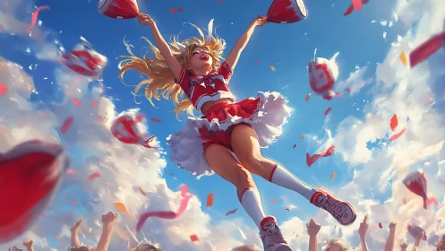 Cheerleader lifted above crowd with sky and confetti scene.