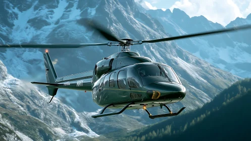 Emerald alpine helicopter slicing through bright glacier air.
