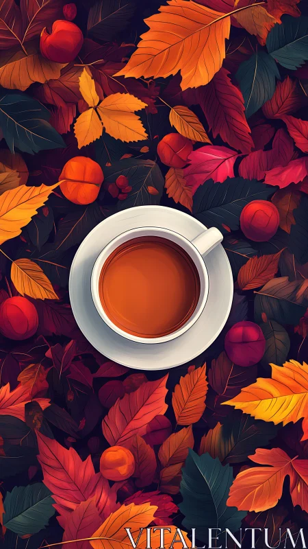 Autumn tea cup centered amid vivid falling leaves artwork.