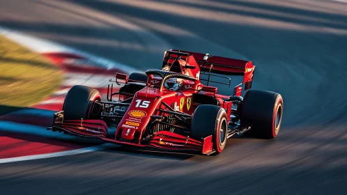 Red Formula race car cornering on modern racetrack.
