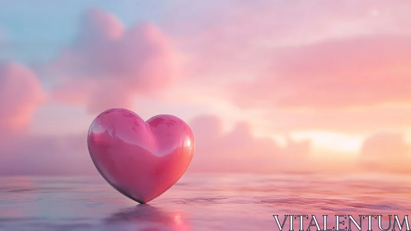 Pink heart sphere rests on reflective surface beneath gradient sky