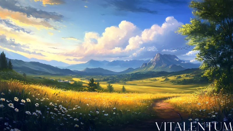 Digital pastoral landscape with golden meadow and distant peaks.