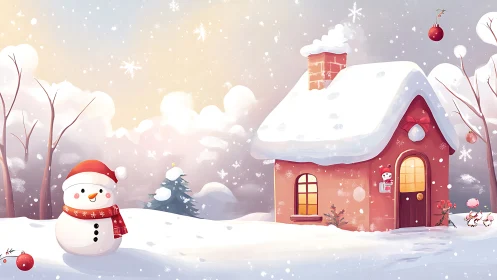 Snowy cottage scene with cheerful snowman and soft sunset.