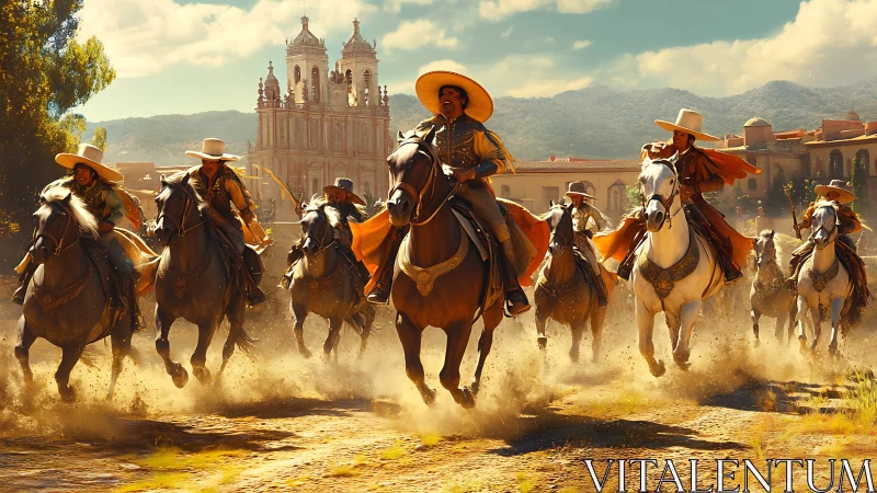 Galloping riders celebrate tradition in a sunlit colonial plaza