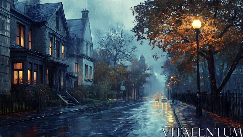 Rainlit city street with glowing windows and autumn trees.