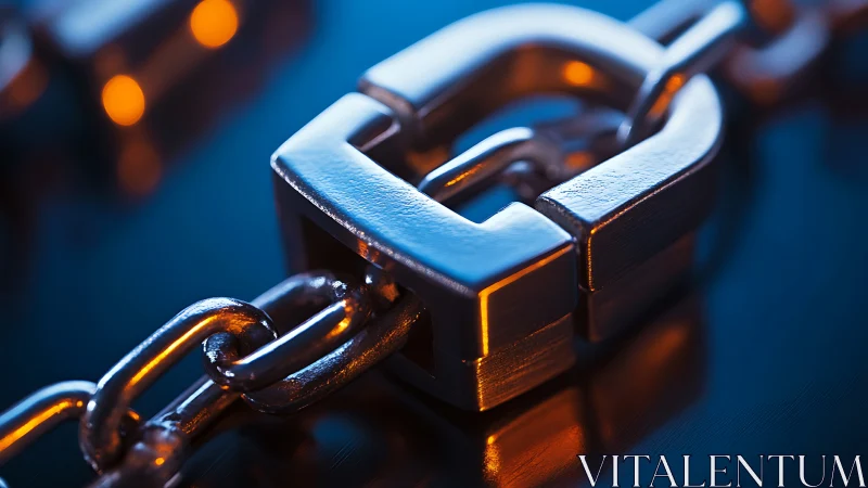 Metal chain segment with rectangular link in close focus.