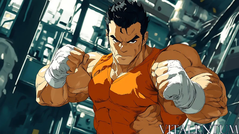 Determined fighter squares up in gritty industrial arena.