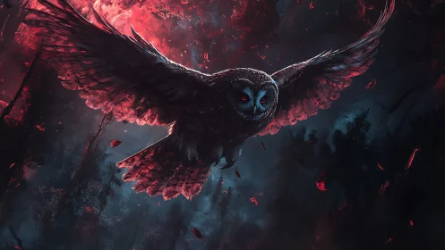 Nocturnal owl in flight against red moonlit forest sky.