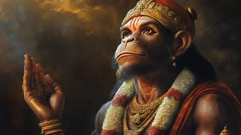 Divine simian deity raises blessing hand under dramatic sky