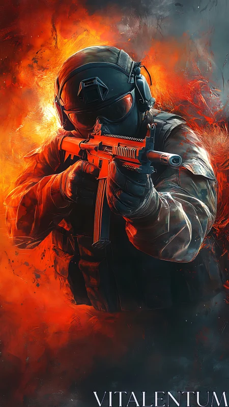 Flame-lit commando carves a path through molten smoke