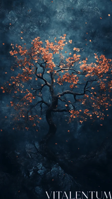 Lonely autumn tree glowing softly in a dreamy twilight forest.