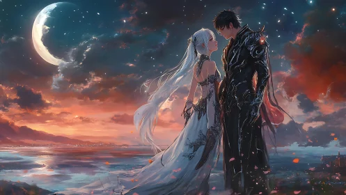Moonlit vows between starlit bride and shadowed knight.