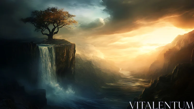 Sunlit abyss where lone cliffside tree guards the falls.