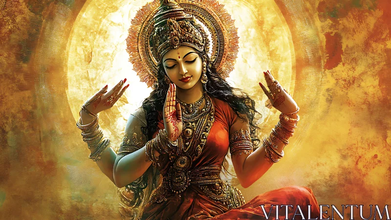 Hindu goddess in ornate gold headdress and red attire