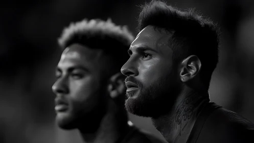 Stadium shadows crown focused footballers in silver light.