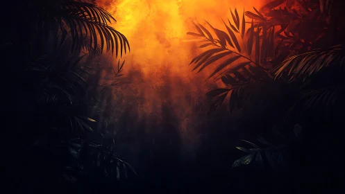 Mystic jungle canopy glows under intense burning sunset light