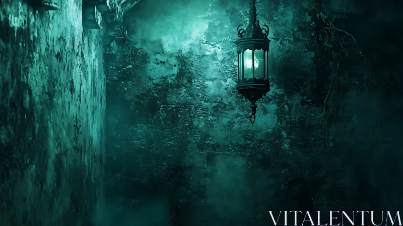 Gothic lantern casting eerie teal light on damp wall.