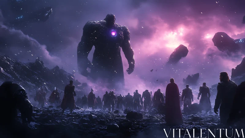 Colossal armored warlord faces heroes under cosmic storm