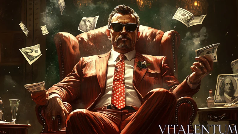 Velvet throne magnate amid swaggering storm of cash.