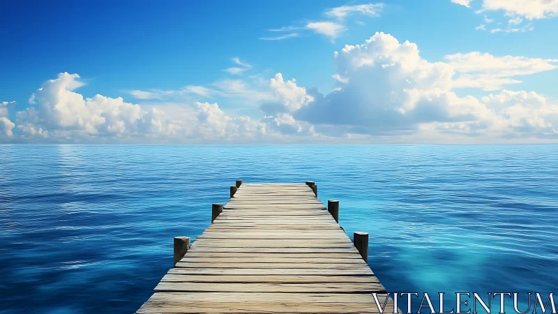 Sunlit wooden pier drifting into an endless blue horizon.