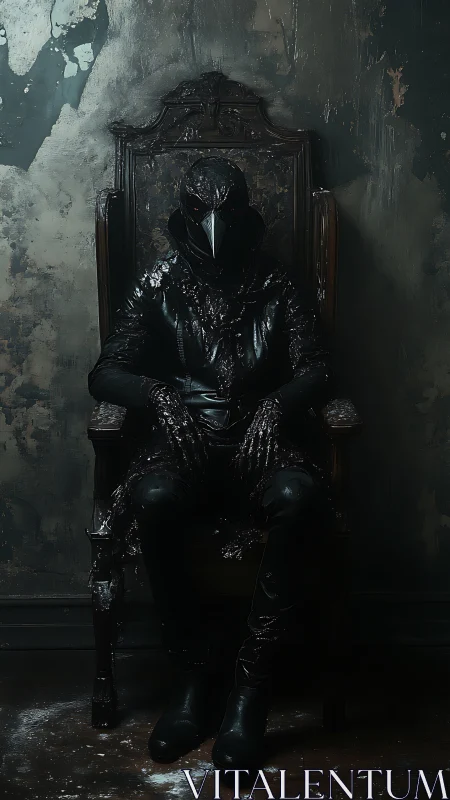 Midnight crow-masked figure rests in a worn, shadowed throne