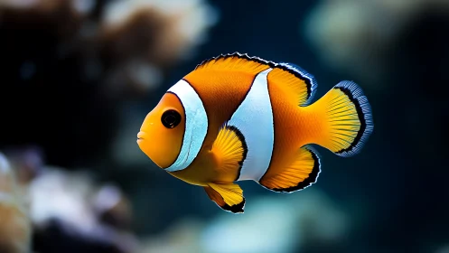 Clownfish with vivid stripes swims through soft coral haze.