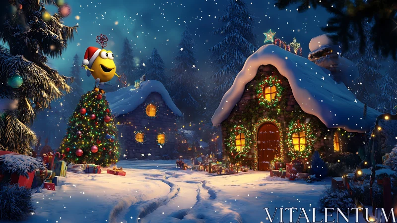 Snow-covered 3D Christmas cottage with emoji tree-topper lighting