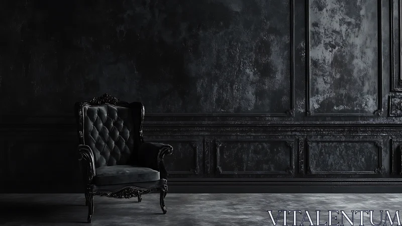 Dark tufted armchair stands against textured paneled wall
